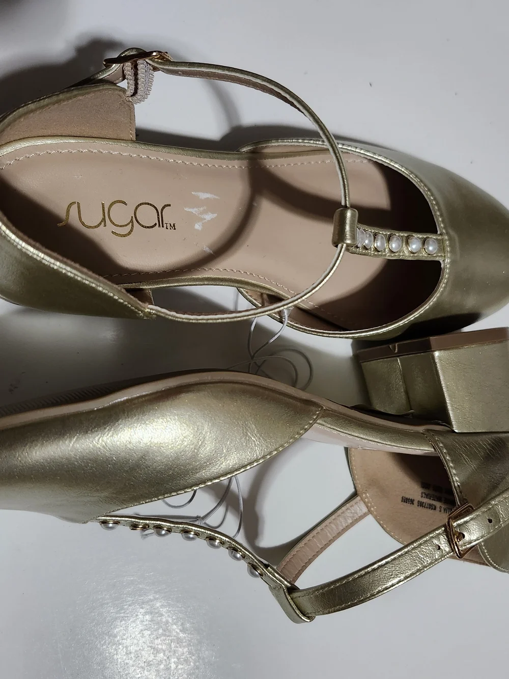 Sugar Gold Pearl-Trim T-Strap Dress Flats